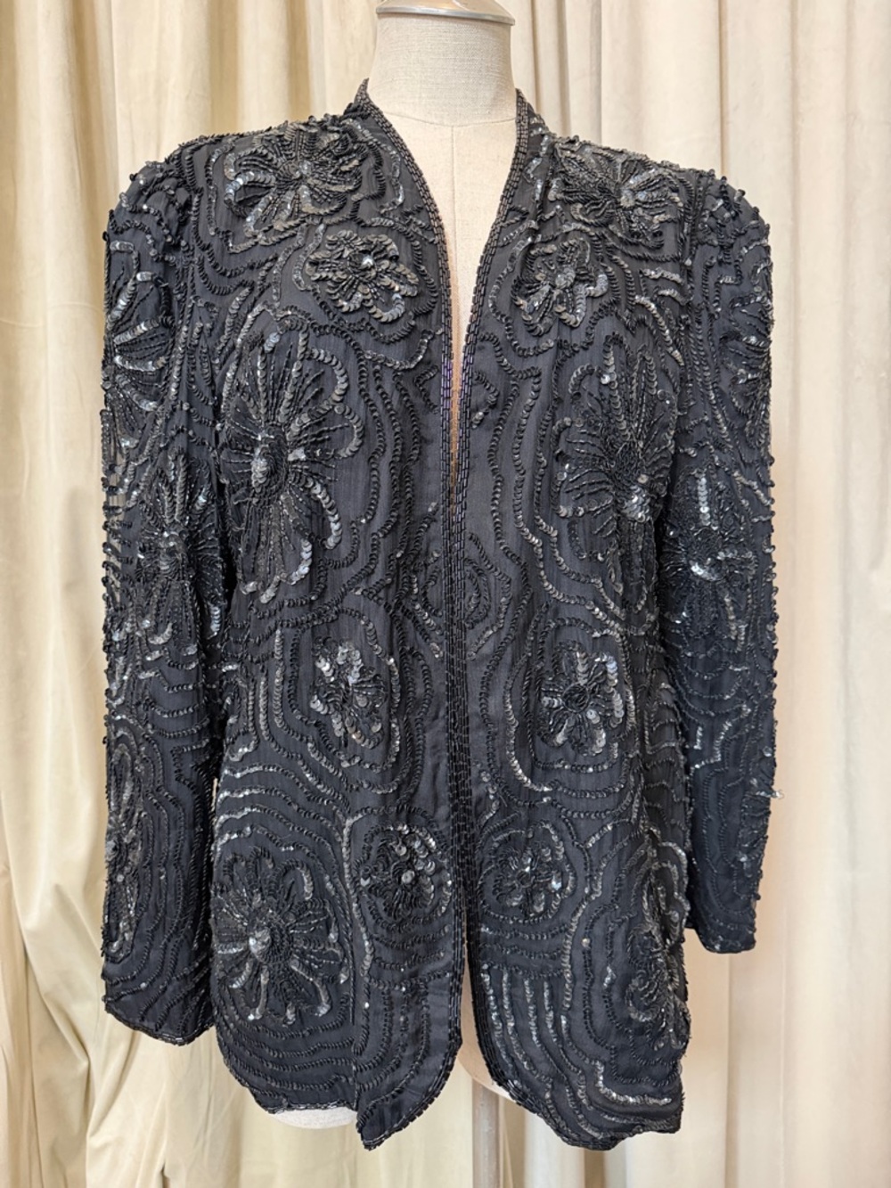 Black Beaded XL Open-Front Women's Jacket 100% silk with all over beading